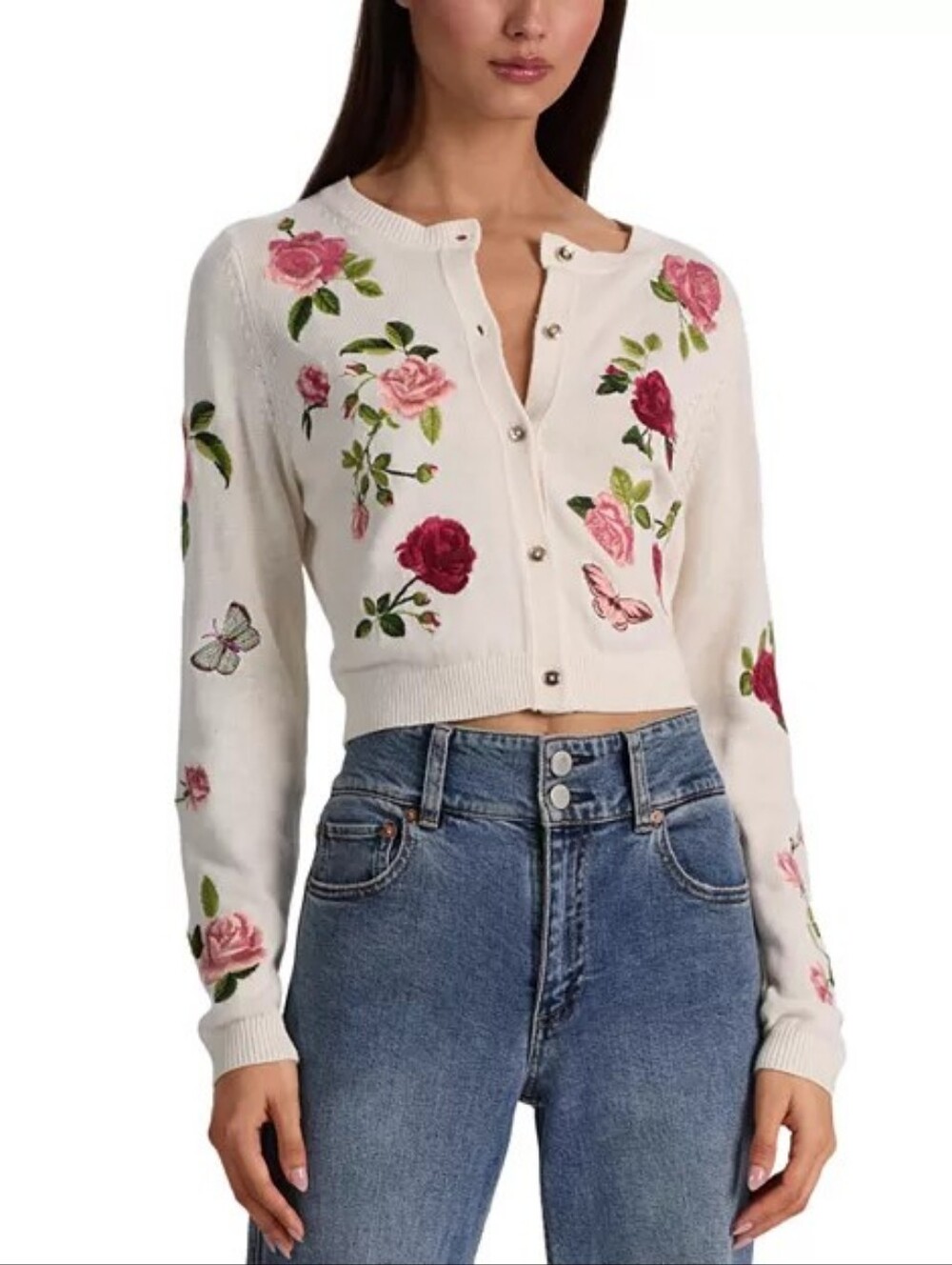Alice + Olivia Cream Floral Embroidered Cropped Cardigan